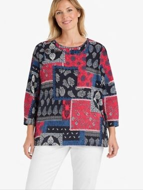 QVC Patchwork Paisley Print Top Coral, Blue, Black, White Cotton-blend, L